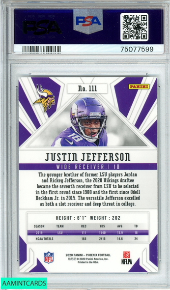 2020 PANINI PHOENIX JUSTIN JEFFERSON #111 FIRE BURST ROOKIE RC PSA 10 GEM MT 75077599